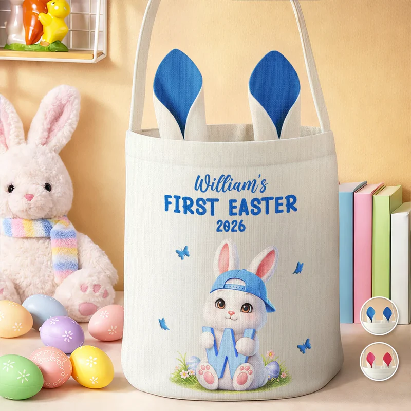 Personalized Easter Bunny Holding Alphabet Letter Bunny Ears Bucket Bag Easter Gift for Kids
