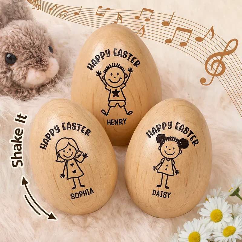 Personalized Happy Easter Kids Stick Figure Musical Wooden Easter Egg Shaker Kids Easter Gifts Baby First Easter