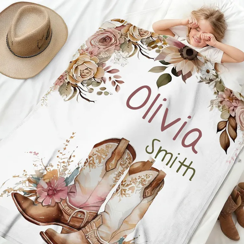 Personalized Floral Cowgirl Boots Western Soft Throw Blanket with Name Home Decor Western Nursery Birthday Gift for Cowgirls Friends Riding Lovers Equestrian Lovers