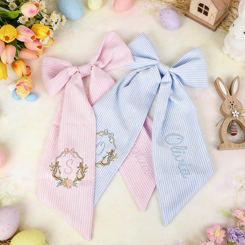 Personalized Seersucker Easter Basket Bow Monogrammed Bunny Design Easter Basket Decoration Kids Gift Spring Bunny Accessory