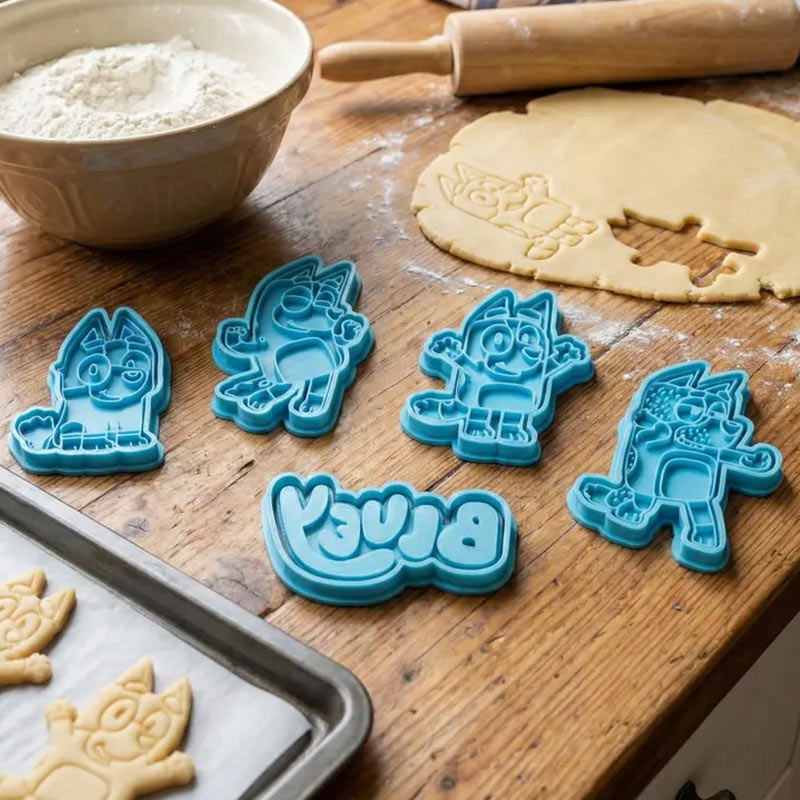 Blue Dog Cookie Cutters Set with Stamps 5 Piece Set  Cute Cookie Stamp Party Baking Gifts Birthday Party Gifts for Baking Lover