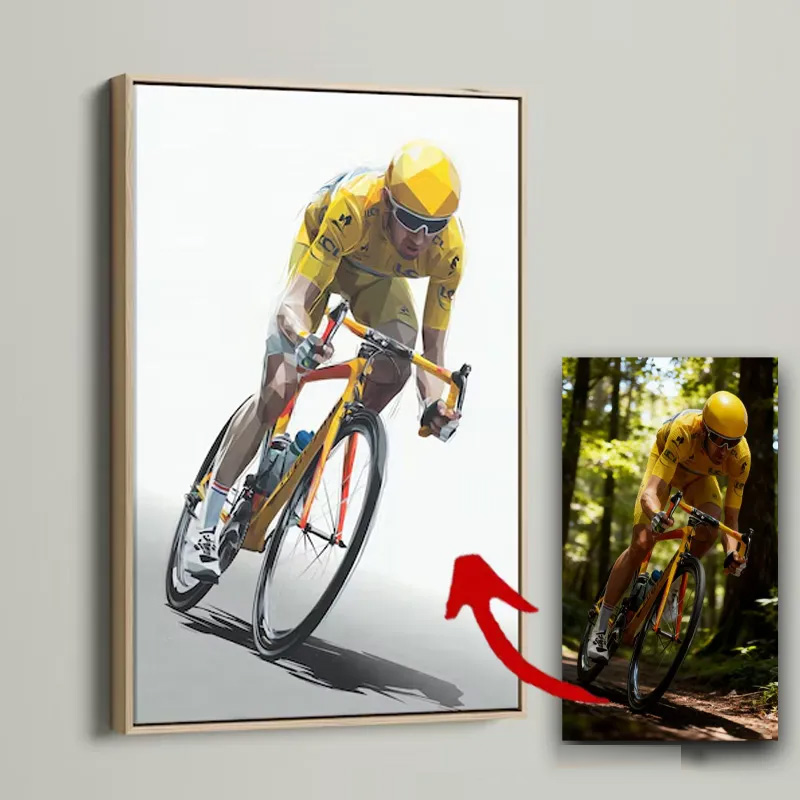 Personalized Photo Cycling Portrait Racer Wall Decor Geometric Bike Print Painting Cyclist Gift Idea Cycling Present