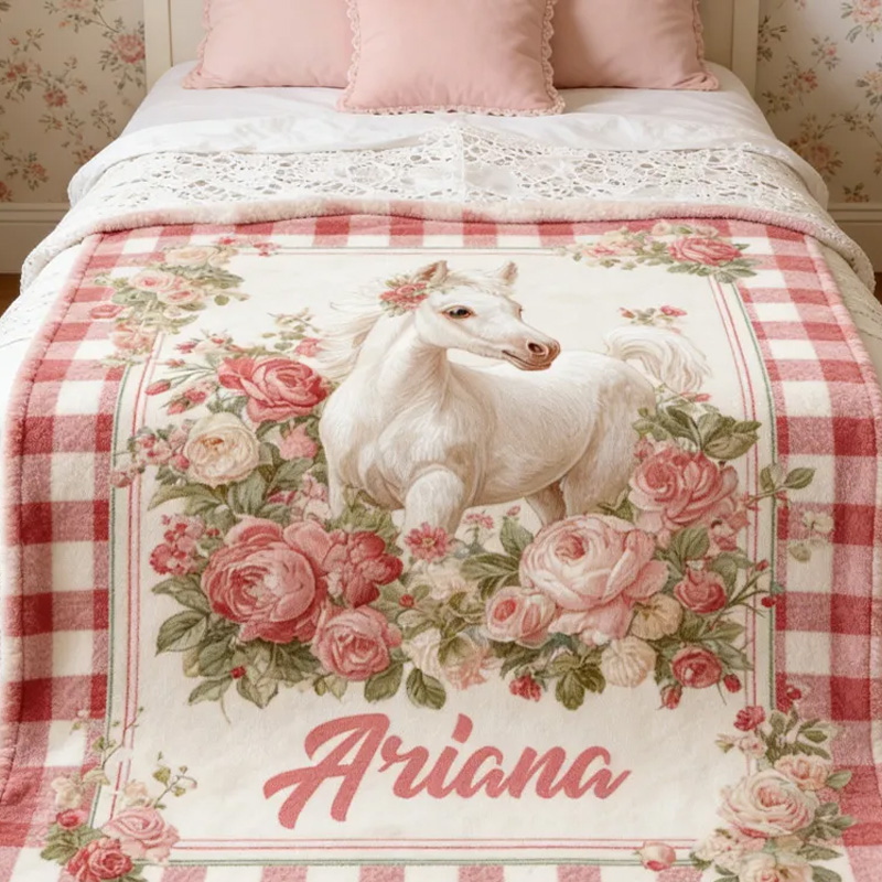 Personalized Riding Plaid Blanket Equestrian Horse Custom Name with French Countryside Gifts Family Blanket for Riding Lovers Equestrian Lovers