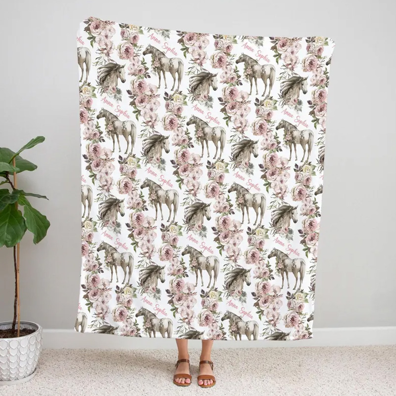 Personalized Pink Boho Horse Baby Name Throw Blanket Gift for Equestrian Lovers