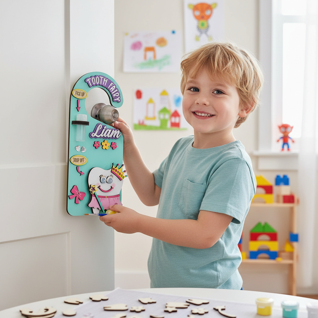 Personalized Tooth Fairy Door Hanger Custom Name Tooth Holder with Jar and Money Slot Kids Tooth Fairy Gift for Boys and Girls Unisex and Reversible