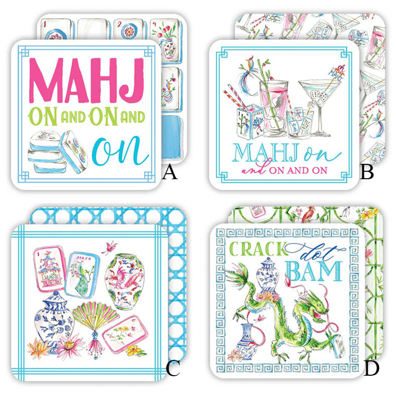 Mahjong Tiles Mahj on and on and on Mahjong Cocktails Mahj on and on and on Mahjong Icons Pots Fan Tiles and Flowers Crack Dot Bam Mahjong Dragon Blue Square Coaster