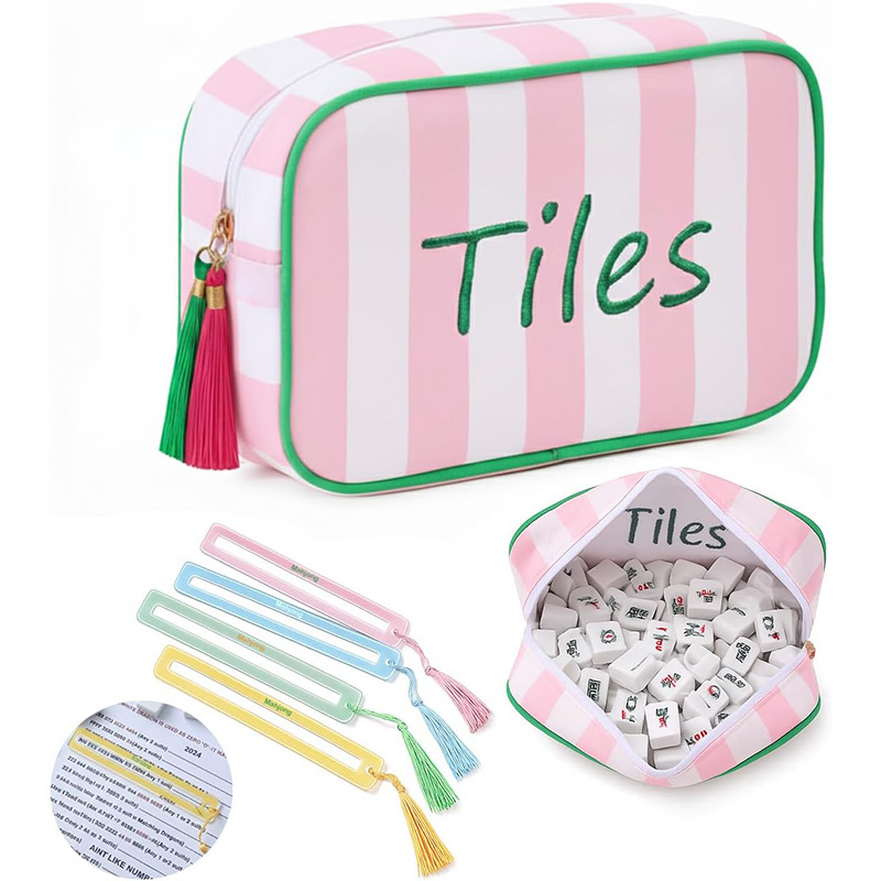 Empty Mahjong Tiles Bag with 4 Pcs Acrylic Mahjong Line Finder Cards Mahjong Tile Bags with Zipper for Game Party Travel Gatherings Pink Green Blue Red Purple