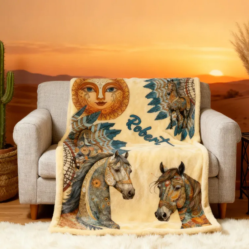 Personalized Riding Feather Sun Blanket Flower Horse Custom Name Festive Flower Decor with French Countryside Gifts Family Blanket for Riding Lovers Equestrian Lovers