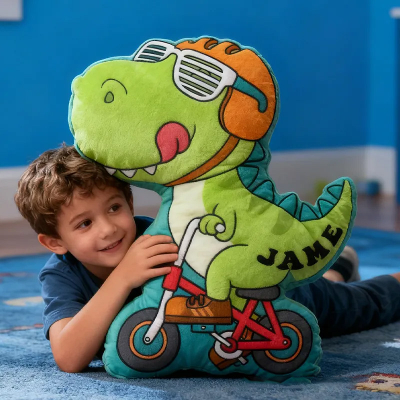 Personalized Dino Cycling Pillow Custom Name Festive Decor with Bicycle Christmas Gifts for Family Graphic 3D Print Cycling Riding Lovers