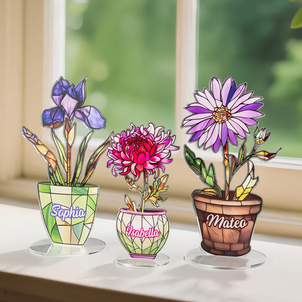 Personalized Faux Stained Glass Birth Flower Pot Acrylic Plaque with Name Home Decor Anniversary Birthday Gift for Friends Kids