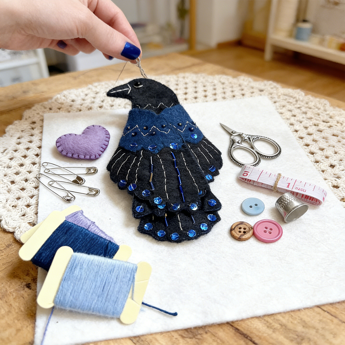 Crow-Shaped Felt Sewing Kit – DIY Bird Needle Book & Sewing Accessory Organizer