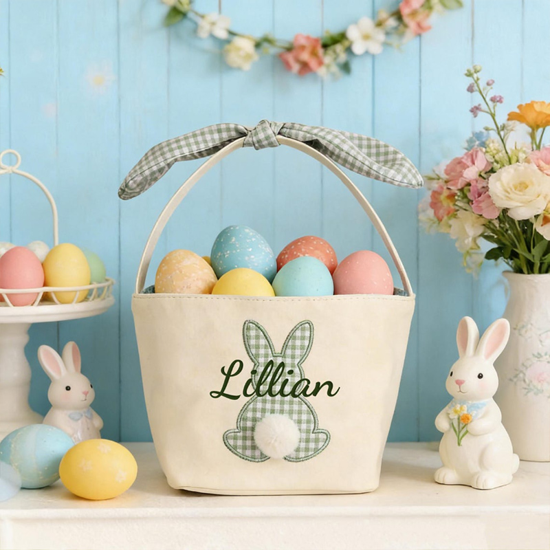 Personalized Easter Basket Embroidered Name Bunny Ear Basket Easter Egg Hunt Basket Easter Gift