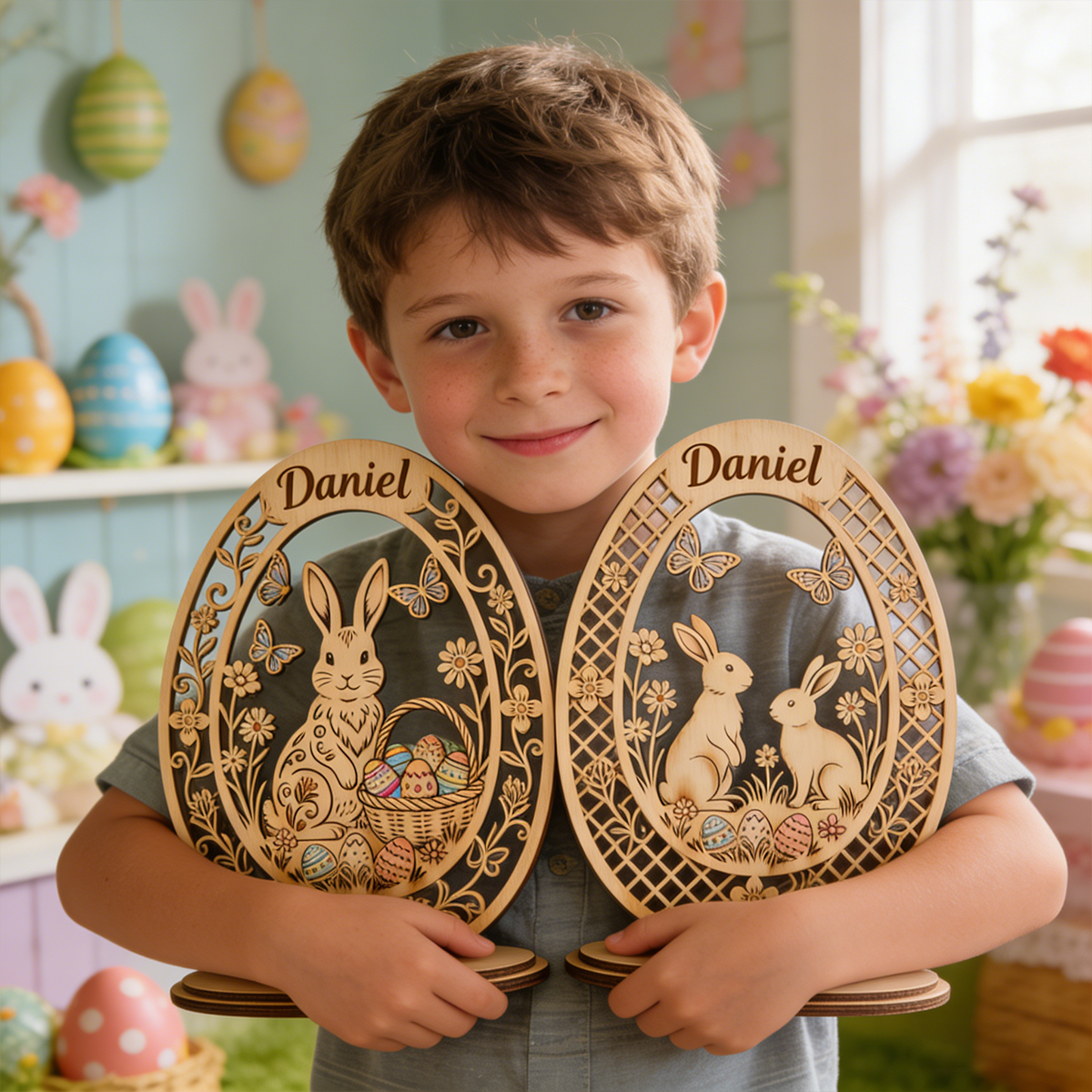 Personalized Custom Name 2PCS Unfinished Wooden Easter Egg Cutouts with Bunny, DIY Easter Tabletop Decor Blanks
