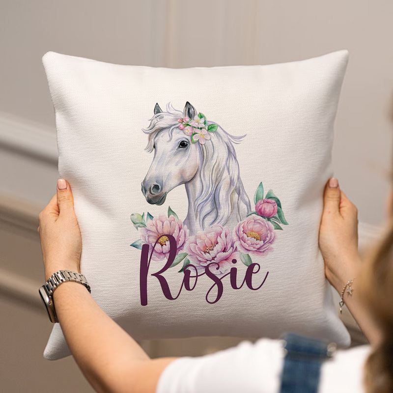Personalized Floral Horse Cushion Throw Pillow Cover Plaid Horse Accent Pillow Farmhouse Decor for Riding Lovers Equestrian Lovers