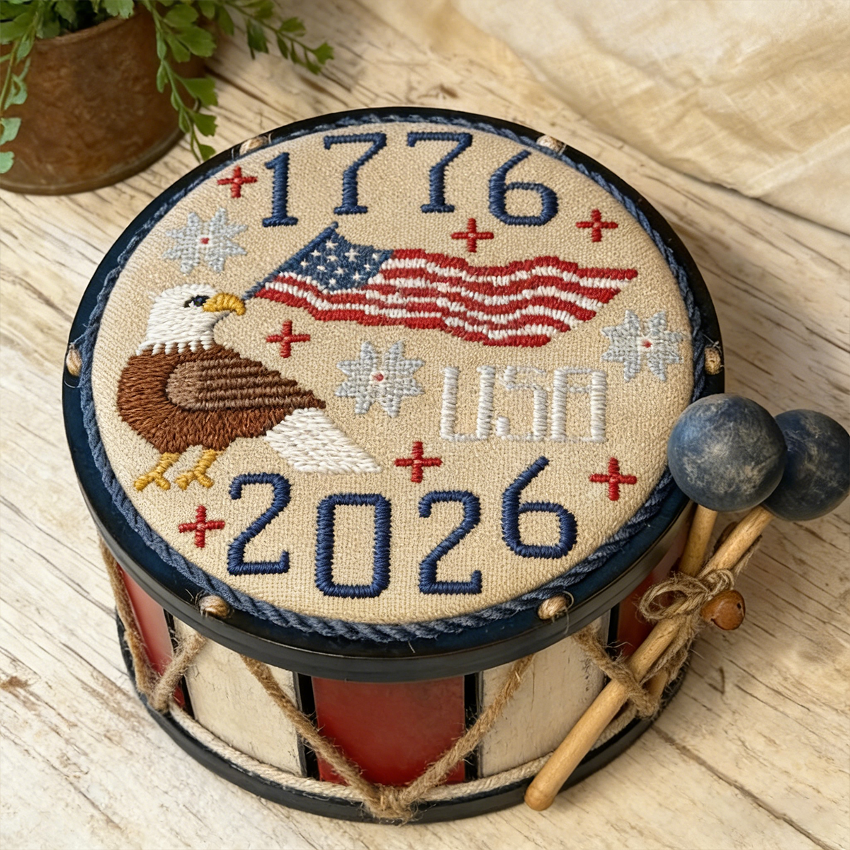1776-2026 Patriotic Drum Cross Stitch Kit – Americana Eagle & Flag DIY Craft