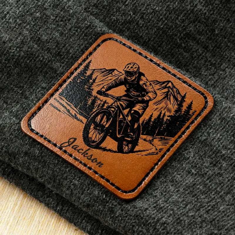 Personalized Leather Patch Beanie Classic Winter Hat Multicolor Rider Photo Knitted Beanie Hat with Name Daily Accessories Birthday Gift for Cycling Lovers Riders