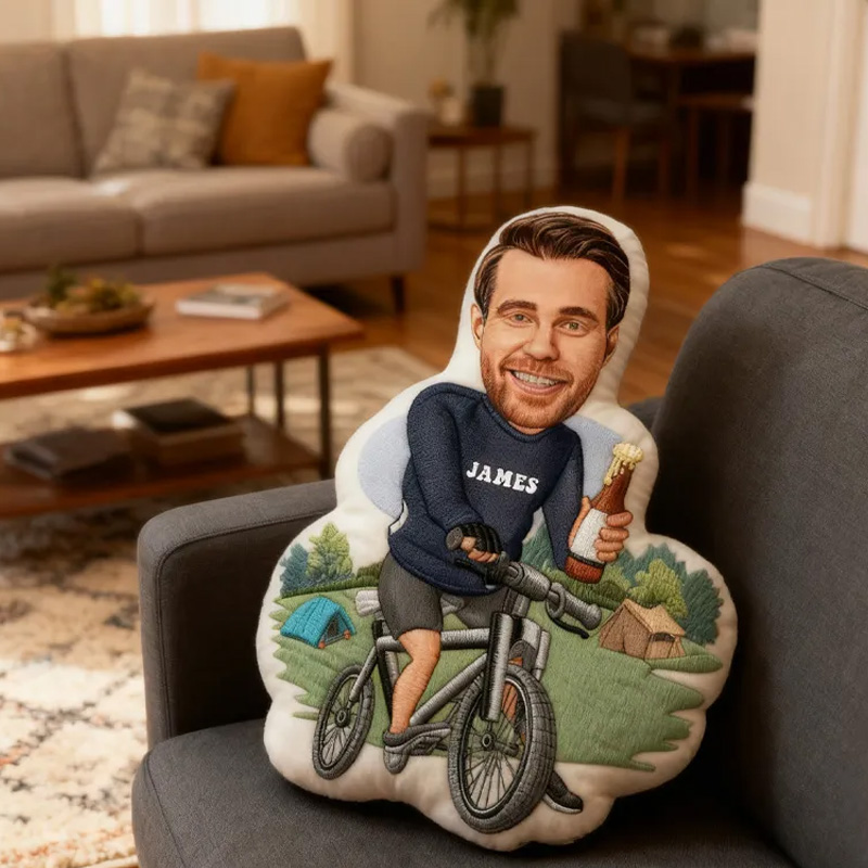 Personalized Photo Pillow Cartoon Cyclist Beer Graphic 3D Print Funny Letter Pillow Custom Name Pillow Comfortable Travel Cushion for Riders Riding Lovers