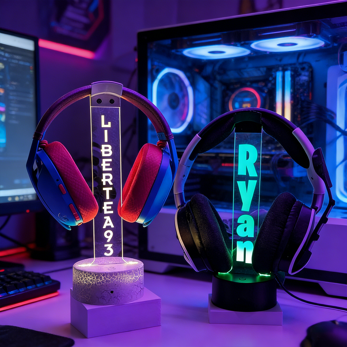Personalized LED Acrylic Headphone Stand –16 Color Custom Name Gaming Headset Holder