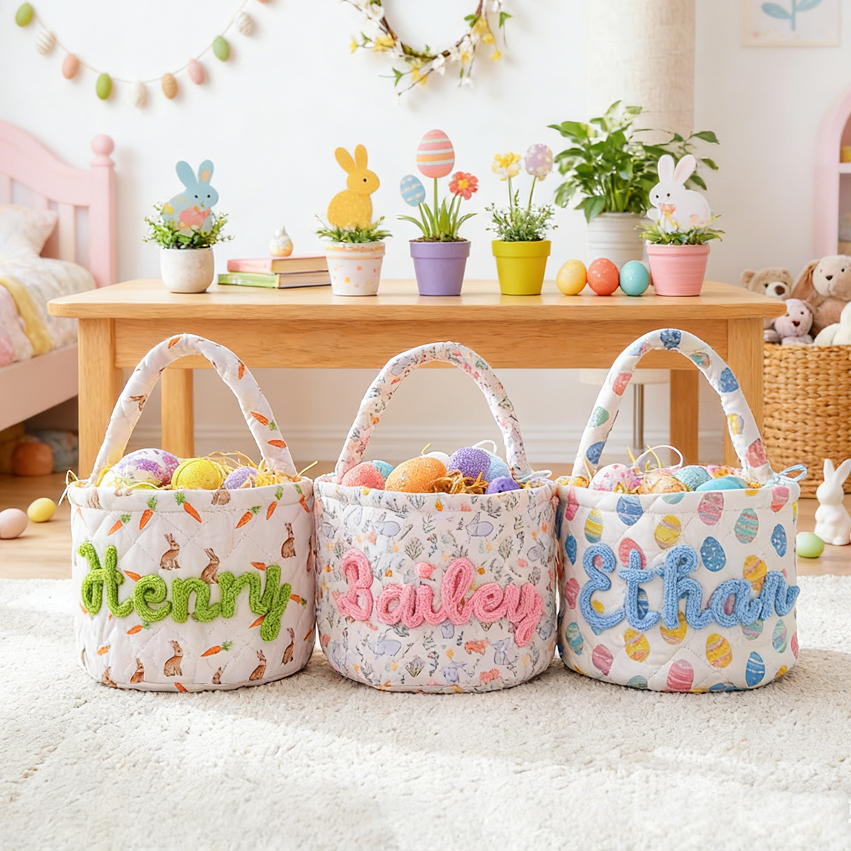 Personalized Quilted Easter Basket – Custom Name Embroidered Kids Egg Hunt Tote (4 Designs)