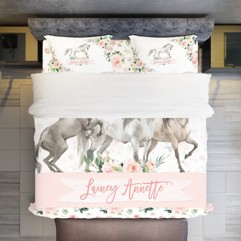 Personalized Horses Duvet Cover Farmhouse Floral Bedding Gift for Equestrian Lovers