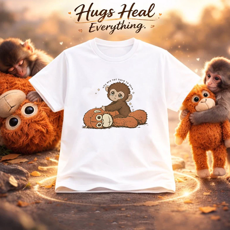 Cute Baby Monkey Sitting on Plush Friend Soft Cotton Outfit Gift Punch Monkey Kid T Shirt