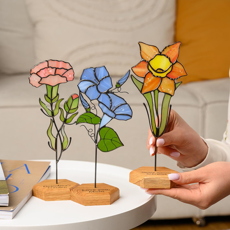 Personalized Stained Glass Birth Flower Plant with Stake Custom Birthday Suncatcher Gift for Mom Grandma Mother's Day Gifts