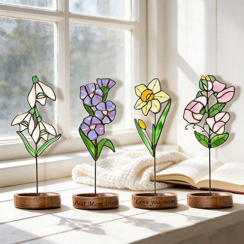 Personalized SStained Glass Birth Month Flower Birthday Suncatcher Custom Glass Flower Plant Stake Home Decor Gift for Her Mom Grandma