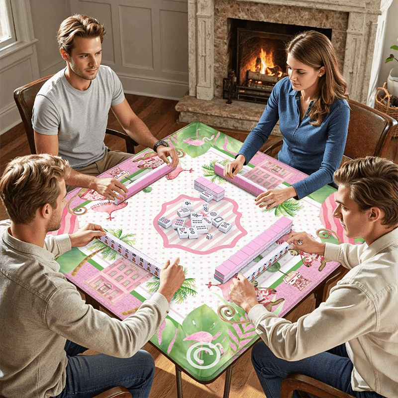 Personalized Lt Pink Palm Beach Inspired Mahjong Mat Personalized Tropical Preppy Game Table Mat Luxury Gift For Mahjong Players Pink and Green Mat for