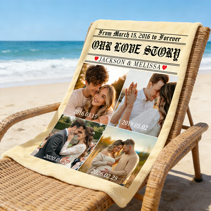 Personalized Couple Love Story Poster Design Photo Blanket with Time and Name Newlywed Wedding Newspaper Blanket Anniversary Gift for Husband