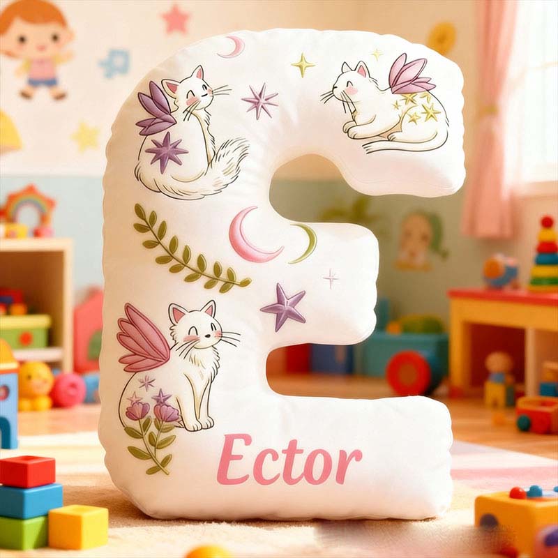 Personalized Cat Lover Mystical Cats with Wings Letter Pillow with Custom Name Graphic 3D Print