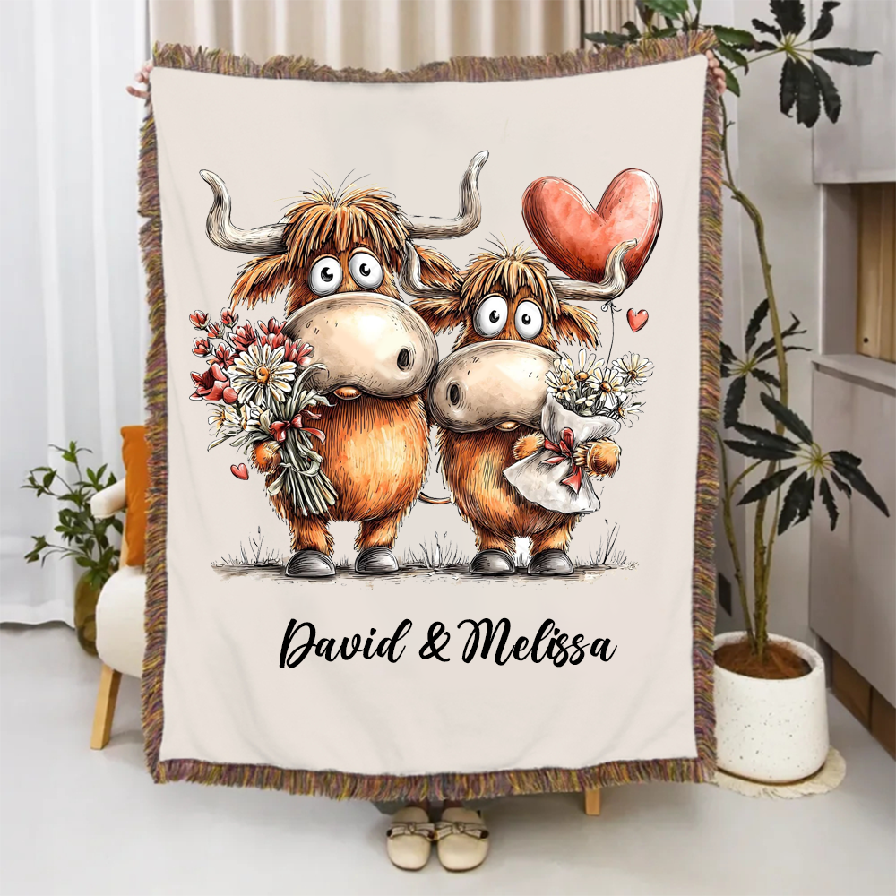 Personalized Couple Cartoon Blanket Penguin Rabbit Cat Hignland Cow Blanket For Newlywed Valentine's Gift For Couple