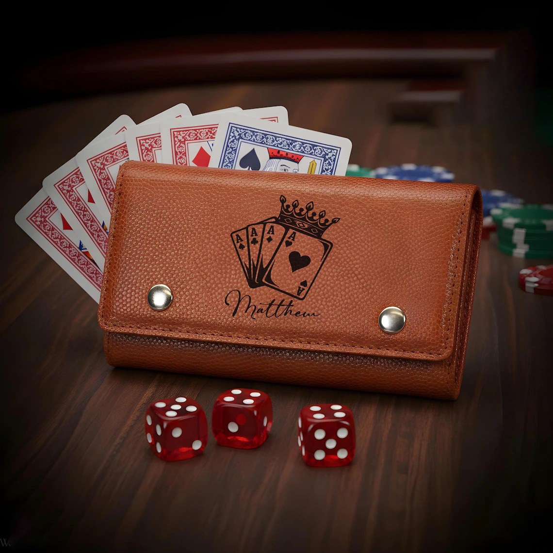 Custom Engraved Leather Poker and Dice Set Personalized Travel Game Set Gift for Men Father Husband Anniversary