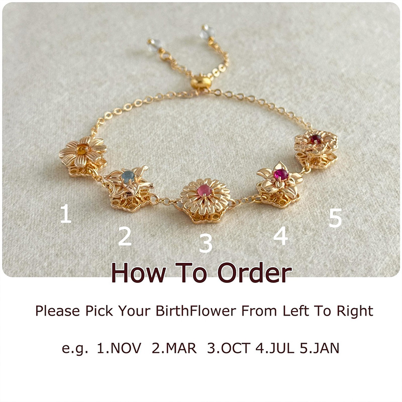 Personalized Birth Flower Bracelet With Real Birthstone, Fidget Spinner Birthflowers, Custom Mother's Day For Mom, Combined Birthflower