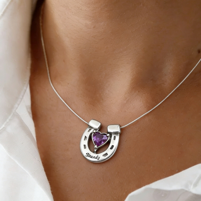 Personalized Birthstone Horseshoe Name Necklace Equine Necklace Elegant Silver Memorial Gift for Equestrain Lovers