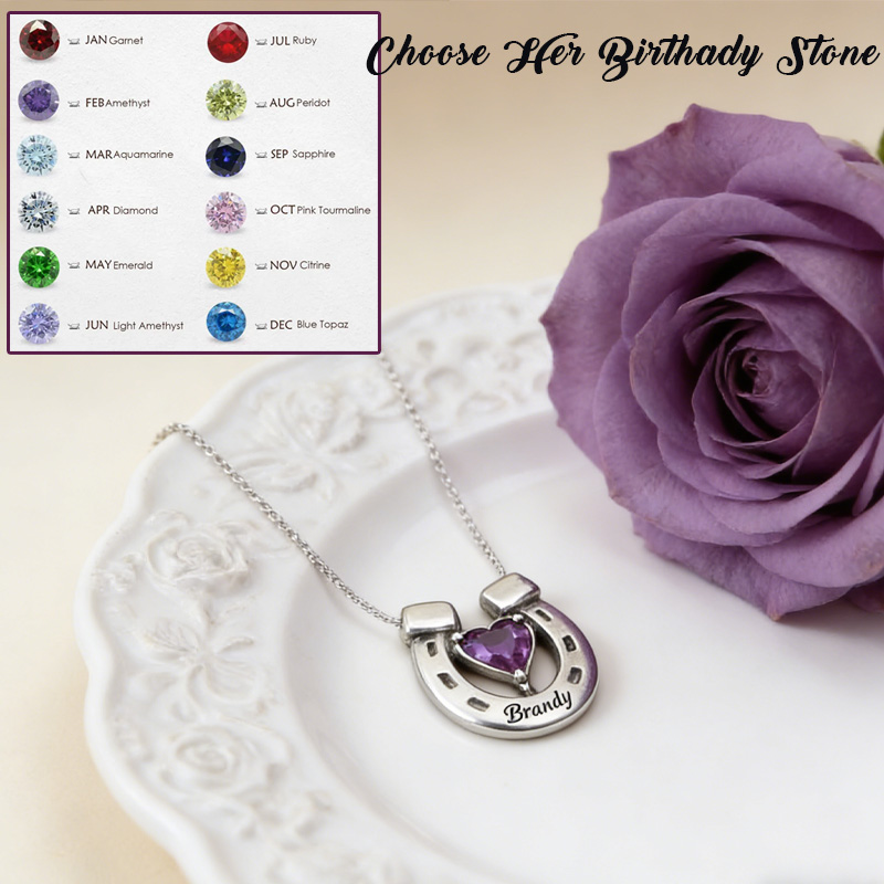 Personalized Birthstone Horseshoe Name Necklace Equine Necklace Elegant Silver Memorial Gift for Equestrain Lovers