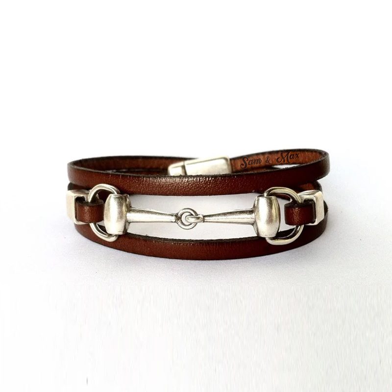 Personalized Engraving Snaffle Bit Leather Bracelet Silver Plated Equestrian Jewelry Wrap Bracelet Gift for Equestrain Lovers