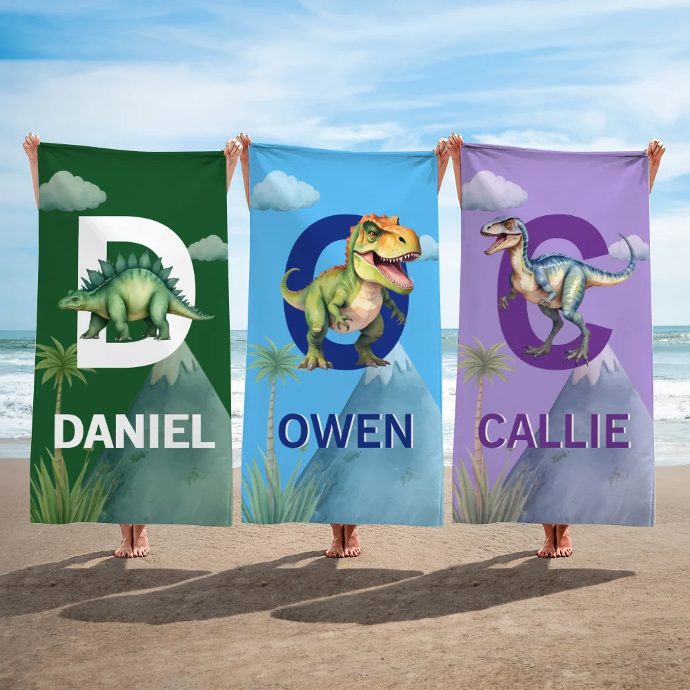 Personalized Cute Dinosaur Quick Dry Oversized Beach Towel with Name and Initial Travel Essential Summer Vacation Birthday Gift for Kids