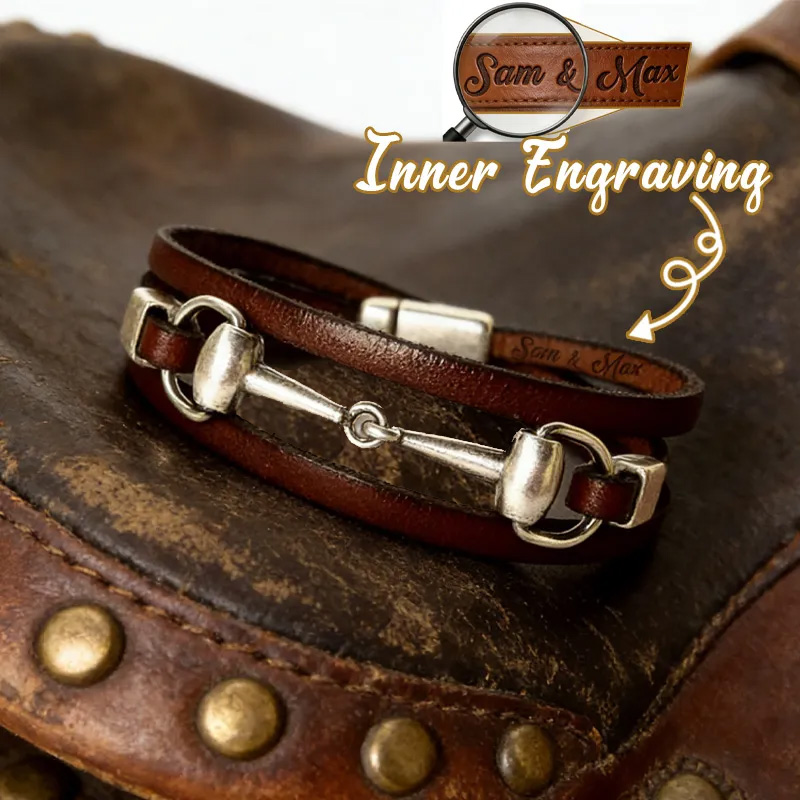 Personalized Engraving Snaffle Bit Leather Bracelet Silver Plated Equestrian Jewelry Wrap Bracelet Gift for Equestrain Lovers