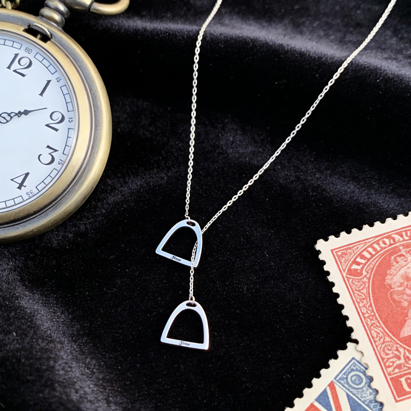 Personalized Horseshoe Name Silver Double Stirrup Necklace Lariat Stirrup Necklace Gift for Equestrain Lovers