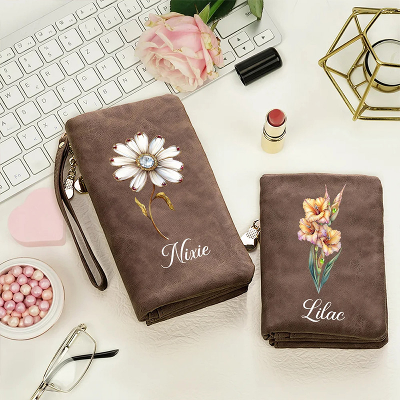 Personalized Vintage Birth Flower Birthstone Portable PU Leather Wallet with Name and Wristlet Birthday Gift for Women Girls