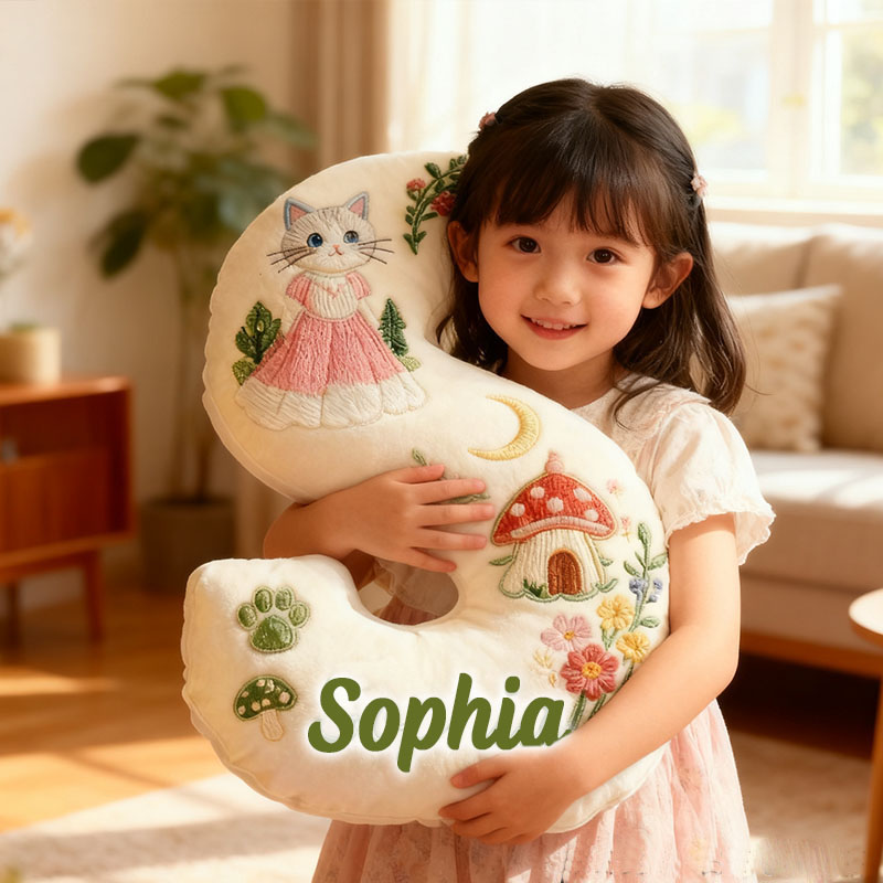 Personalized Cat Lover Mushroom House Forest Flower Letter Pillow with Custom Name Pillow for Kid Graphic 3D Print