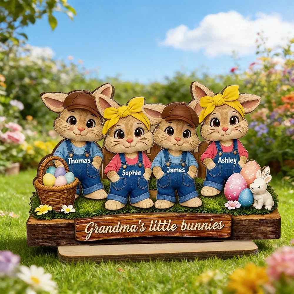 Personalized 2-Layer Plaque with Grandma's Little Bunnies, Easter Basket Scene, Unique Gift for Grandma