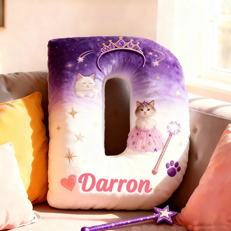 Personalized Cat Lover Princess Letter Pillow with Custom Name Pillow for Kid Graphic 3D Print