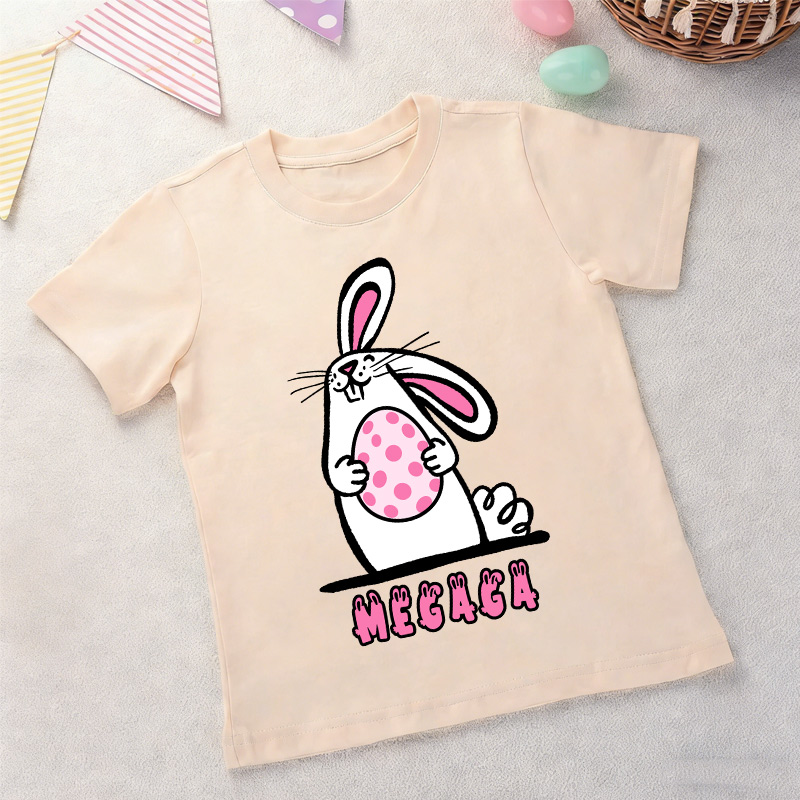 Personalized Easter Bunny Kids T-Shirt – Cute Cartoon Rabbit Holding Egg Graphic Tee, Easter Gift for Girls & Boys