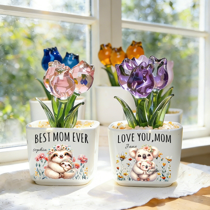Personalized Glass Everlasting Tulips Mom Flower Gifts with Birth Month Floral Custom Hand Blown Glass Potted Mothers Day Gifts