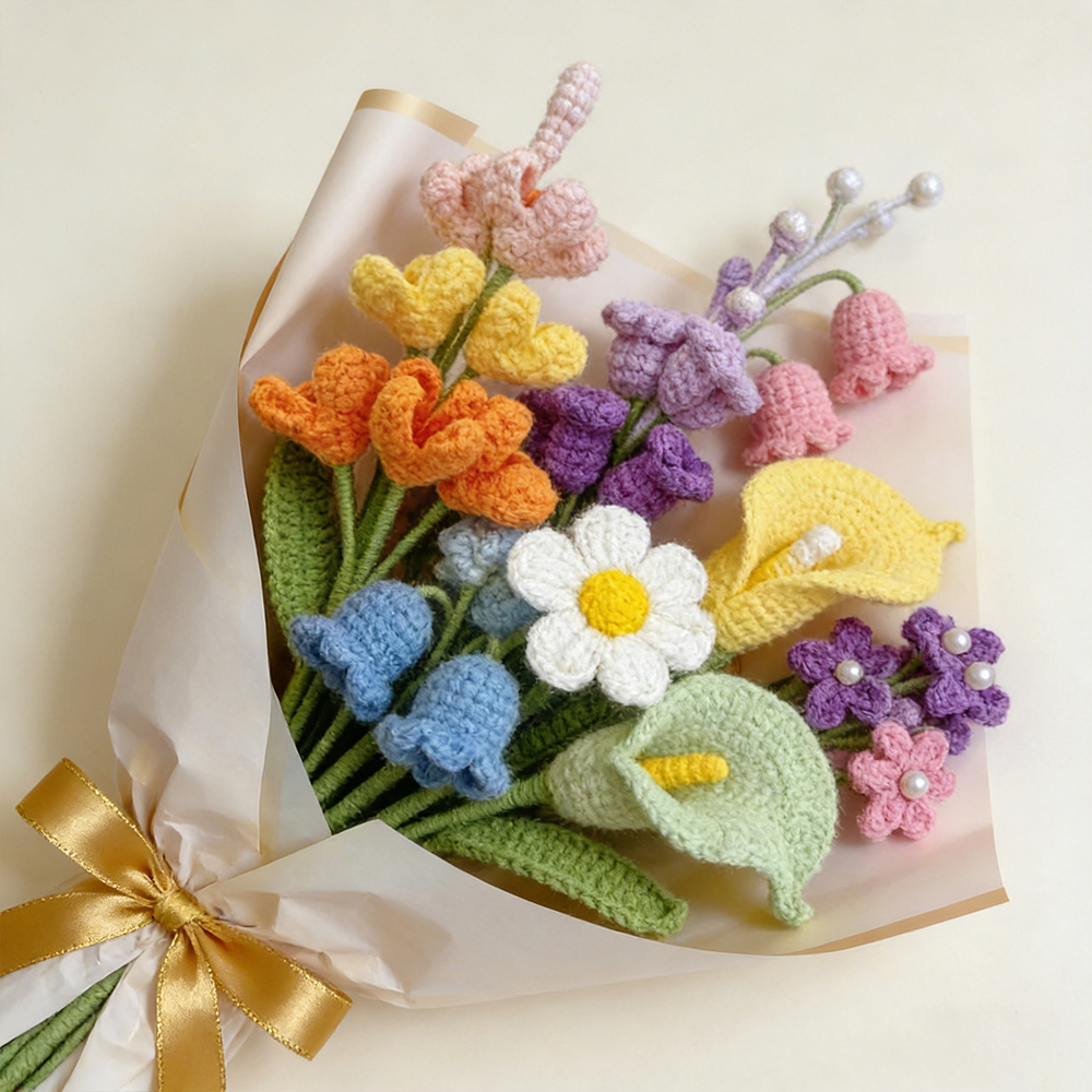 Personalized Crochet Flowers Bouquet Pink Purple Blue Gift for Wife Girlfriend Gift for Her Valentine's Day Birthday Gifts for Bestie