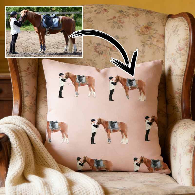 Personalized Photo Throw Pillow Equestrian Pillow Cover Plaid Horse Accent Pillow Farmhouse Decor for Riding Lovers Equestrian Lovers