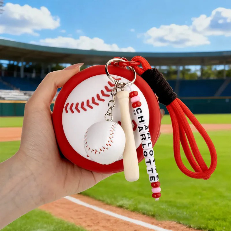 Personalized name keychain with beads, tennis ball charms, racket and ball charms, waterproof silicone storage pouch for headphones, gift for tennis lovers