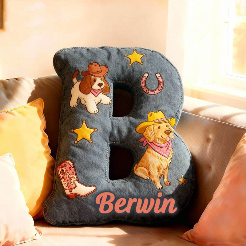 Personalized Dog Lover Cowboy Star Dog Letter Pillow with Custom Name Graphic 3D Print