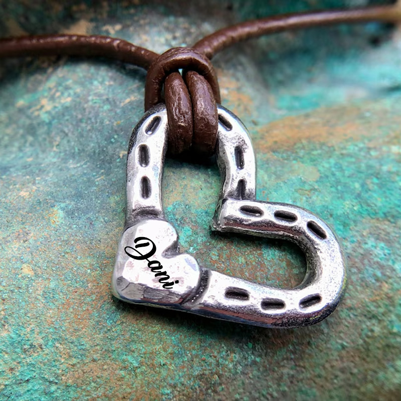 Personalized Heart and Horse Shoes Necklace Horse Love Pendant Rustic Handmade Jewelry Hand Hammered Gift for Equestrain Lovers